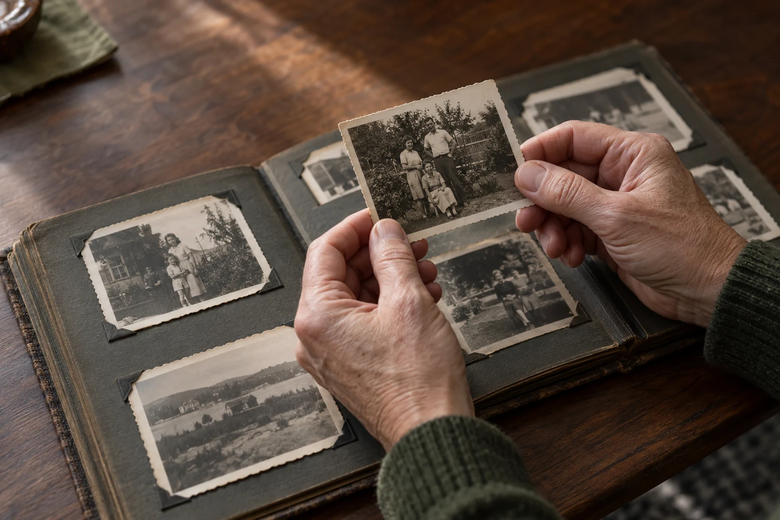 Ilustracja: dłonie przeglądające rodzinne fotografie w starym albumie